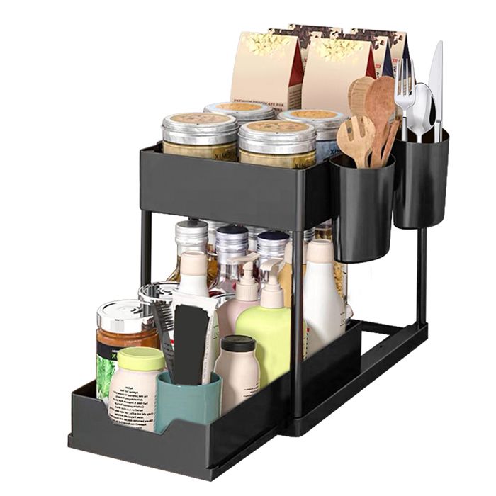 Rangement Coulissant de Cuisine - Organisation de Cuisine à 2 Niveaux - Avec Crochets et Tasses Suspendues - 215x40x36 cm - Noir