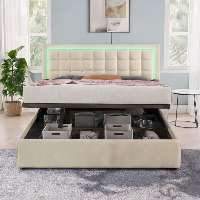 Sommier tapissier 180x200 cm avec LED et coffre de rangement revêtement similicuir blanc