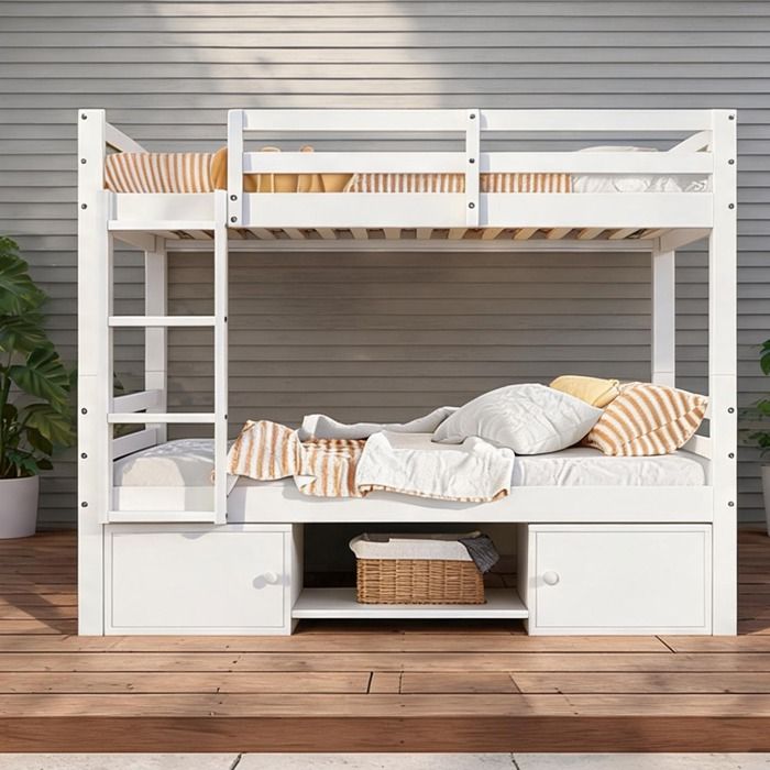 Lit superposé enfant blanc avec rangements intégrés et séparation en deux lits 90x200 cm bois massif et MDF