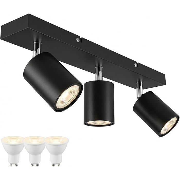 Pfonnier LED 3 Spots Noir Orientable avec 3 Ampoules GU10 4000K Bnc Neutre Barre de Spots Noir 4000k Bnc Neutre