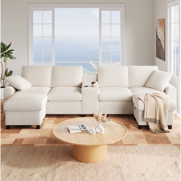 Canapé en U 315x135 cm avec 2 poufs coffre 4 placestable dappoint USB prises et ports Type-C en corduroy beige