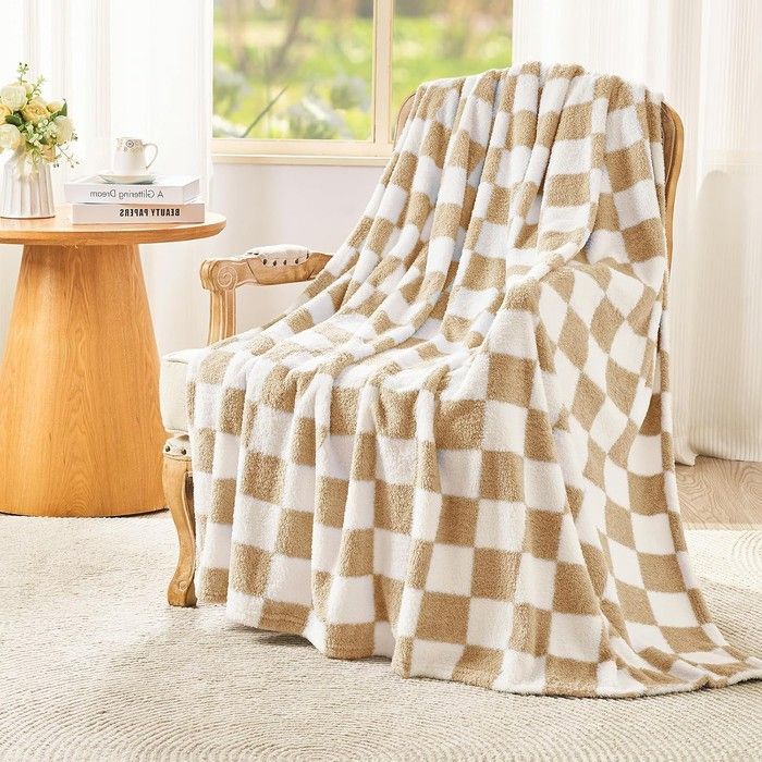 Plaid / couverture - EMME - Carreaux - microfibre antistatique - 150 x 200 cm - beige
