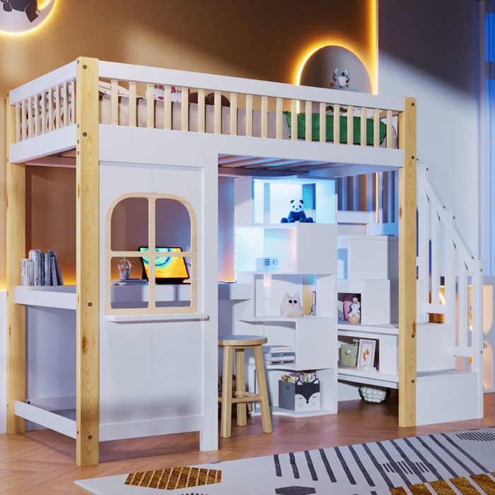 Lit mezzanine enfant 90 x 200 cm avec bureau LED escalier de rangement étagères et fenêtre blanc naturel