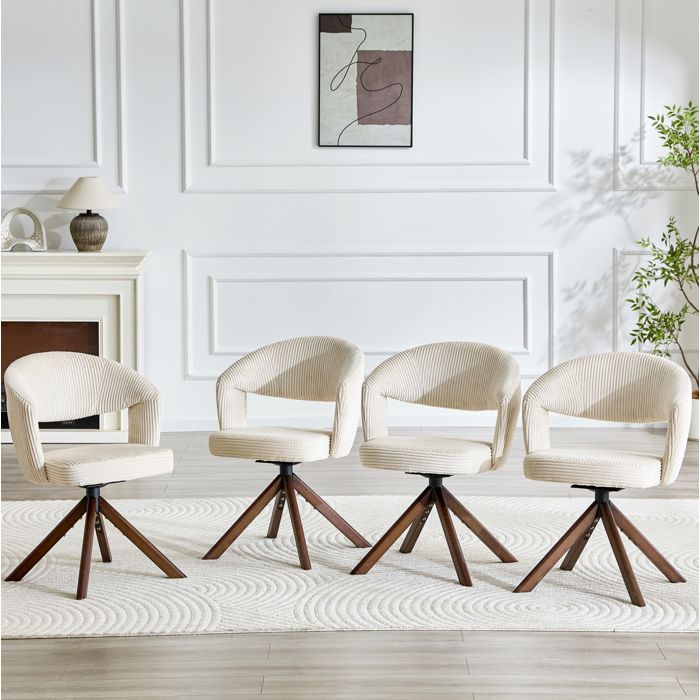 Lot de 2 chaises de salle à manger pivotantes 360° en corduroy blanc crème pieds en bois massif couleur noyer