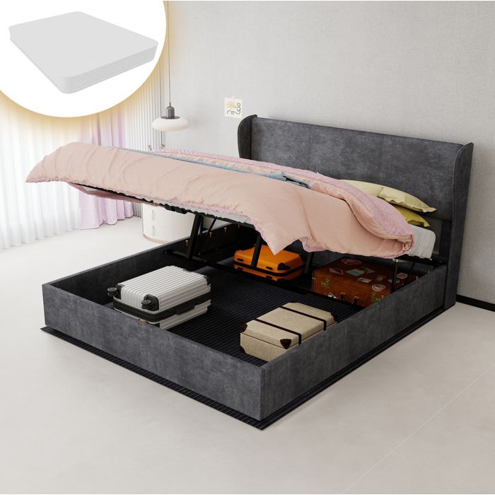 Lit coffre 160 x 200 cm gris avec matelas inclus tête de lit rembourrée sommier à lattes relevable à vérins