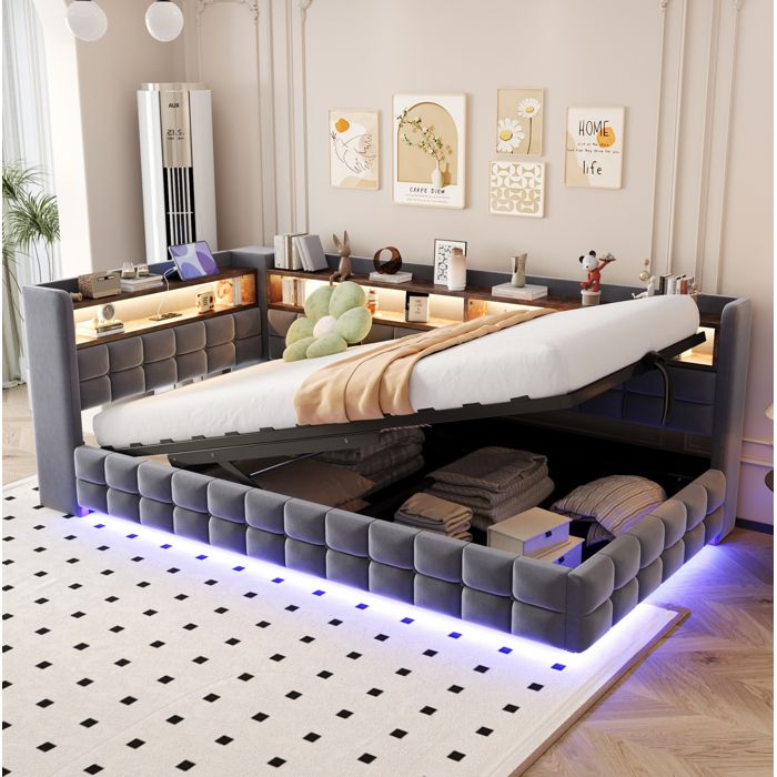 HOMVRA Lit rembourré 90 x 200 cm avec coffre hydraulique étagères intégrées LED USB et Type-C gris