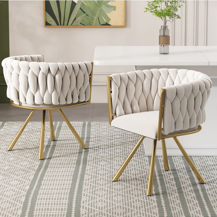 Chaise de Salle à Manger Pivotante 360° avec Accoudoirs - MODENVIE - Dossier Courbé Velours Beige et Or