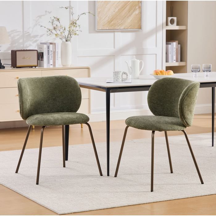 Chaise de salle à manger lot de 2 avec dossier incurvé - YEAVIO - assise rembourrée chenille verte métal bronze