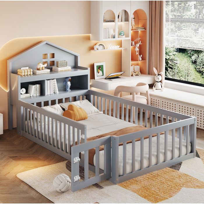 VUENOR Lit enfant 90x200 cm gris – barrières petite porte et rangements sans matelas