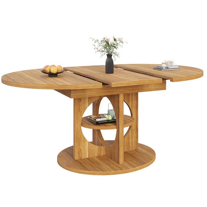Table à manger extensible rond à ovale aspect bois 110-150×110×76cm avec rangement intégré charge maximale 60kg