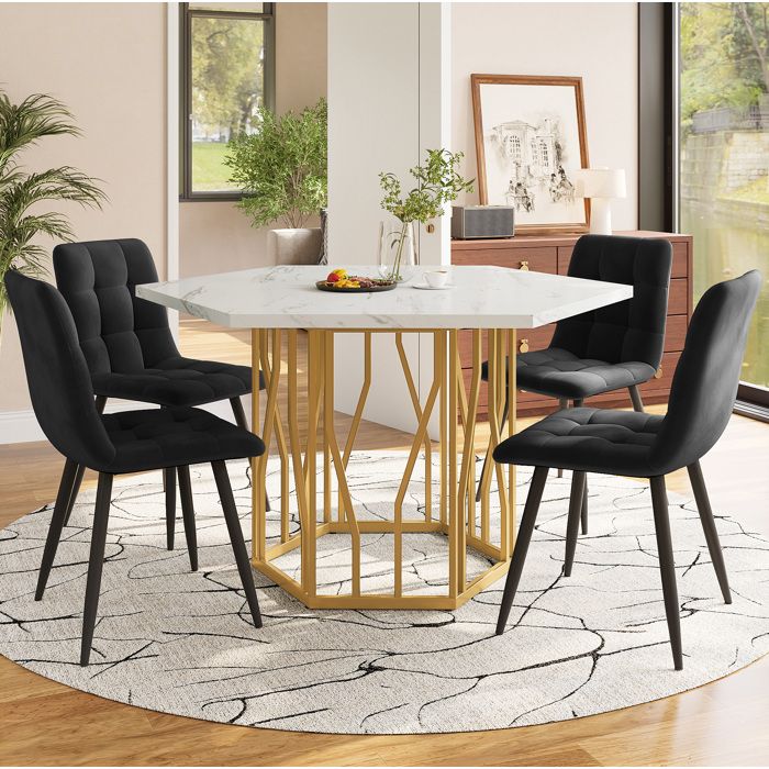 WUVRIE Ensemble table et chaises 5 pièces table hexagonale effet marbre pieds métalliques dorés