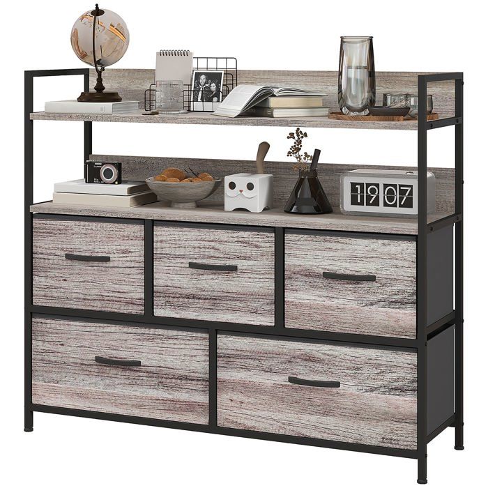 Commodes - HELLOSHOP26 - 98 x 29 x 85 cm - 5 tiroirs amovibles - effet bois gris - kit anti-basculement