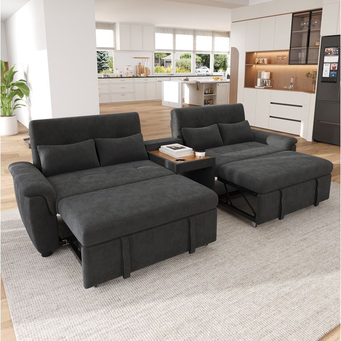 Canapé dangle U convertible 4 places avec double couchage dossier réglable porte-gobelets chenille gris foncé