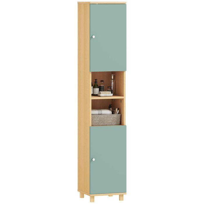Meuble colonne de salle de bain vert et bois 2 placards 2 niches ouvertes et étagères réglables 30 x 30 x 166 cm