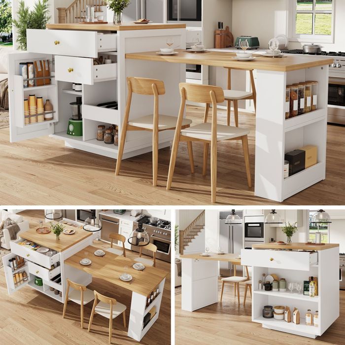 Buffet de Cuisine multifonction plateau de table extensible blanc et noir charge maximale 60 kg