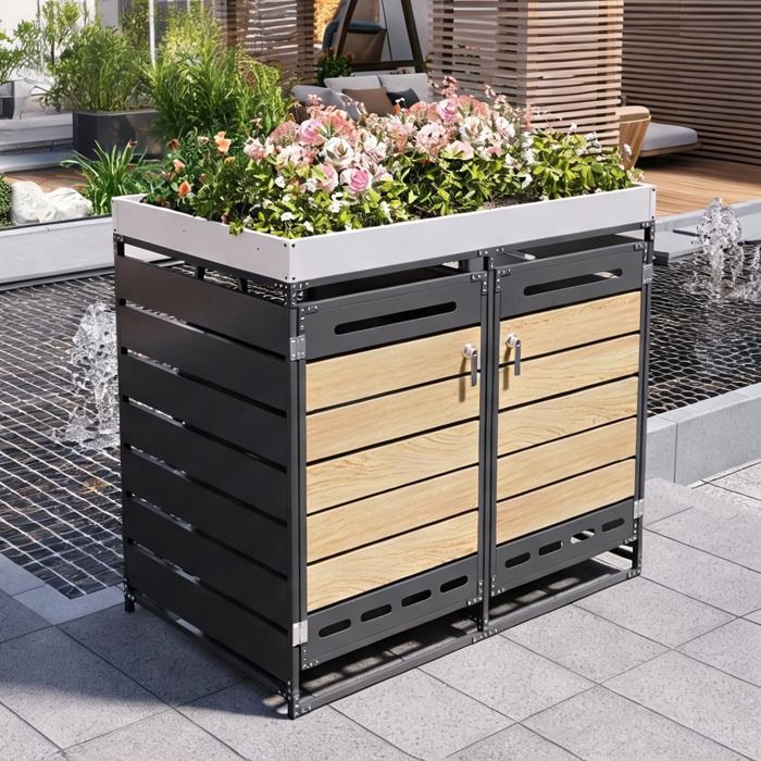 Armoire de jardin double en fer avec bac à plantes et serrures ventilation oblongue 131 x 79 x 120 cm deep black