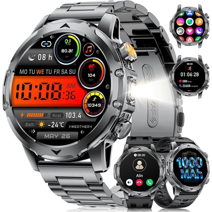 Montre Connectée Homme avec 1000mAh/3 Bracelets/ 1 53 HD Grand Écran/LED Lampe Smartwatch Homme