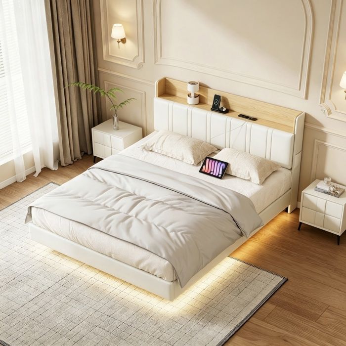 Lit 160x200 flottant avec Sommier LED et USB Tête de lit avec rangement Lit double Lit 2 Personnes Beige PU