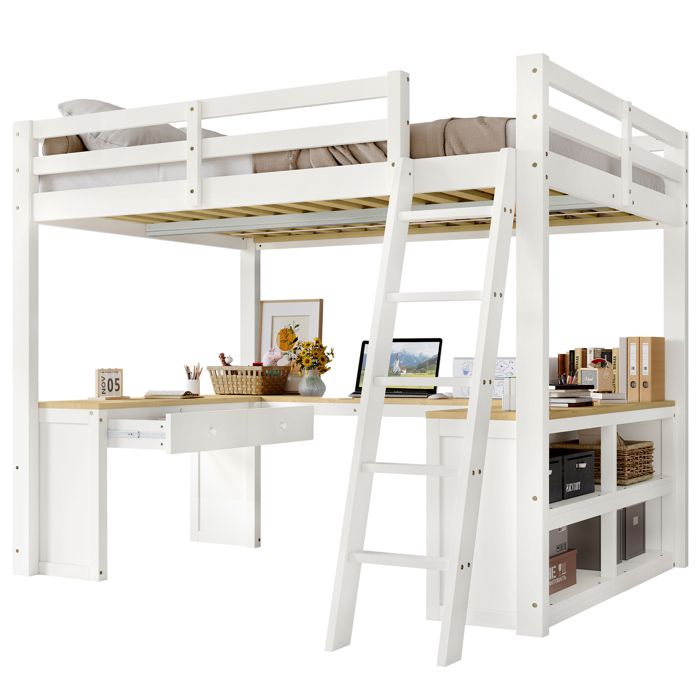 lit mezzanine 2 places 140x200 bois massif lit enfant lit loft avec bureau sommier à lattes 2 tiroirs et étagères de rangement