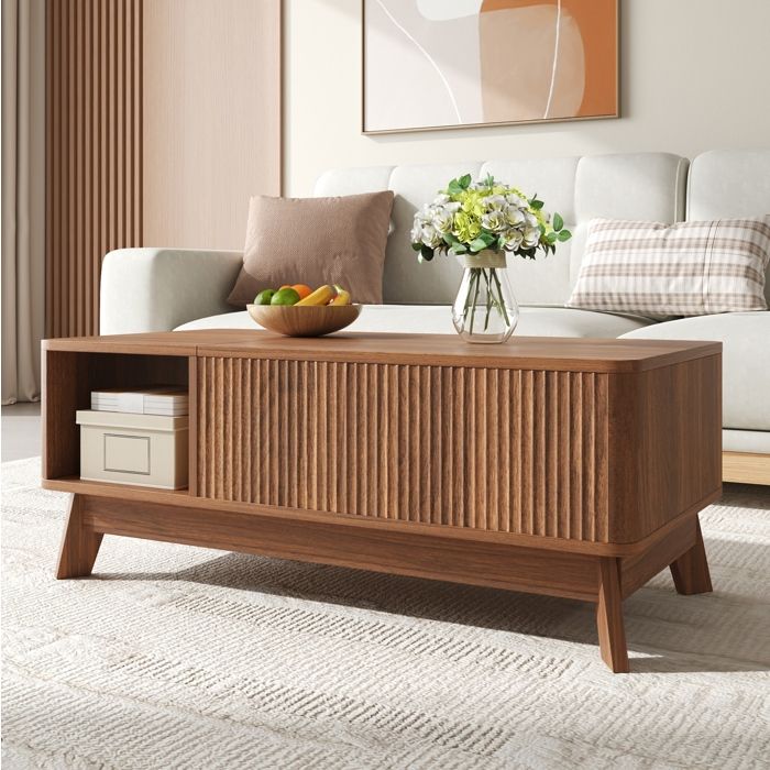 Table basse relevable AESVAR 95 x 48 x 50 cm en MDF couleur noyer avec rangement ouvert