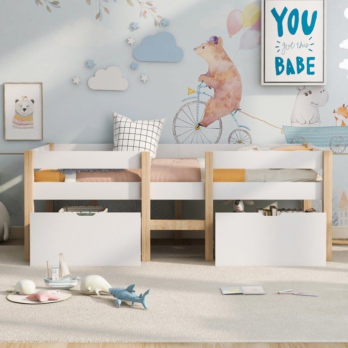Lit mi-hauteur enfant 90 x 190 cm avec tiroir et barrière anti-chute - pin massif blanc et chêne