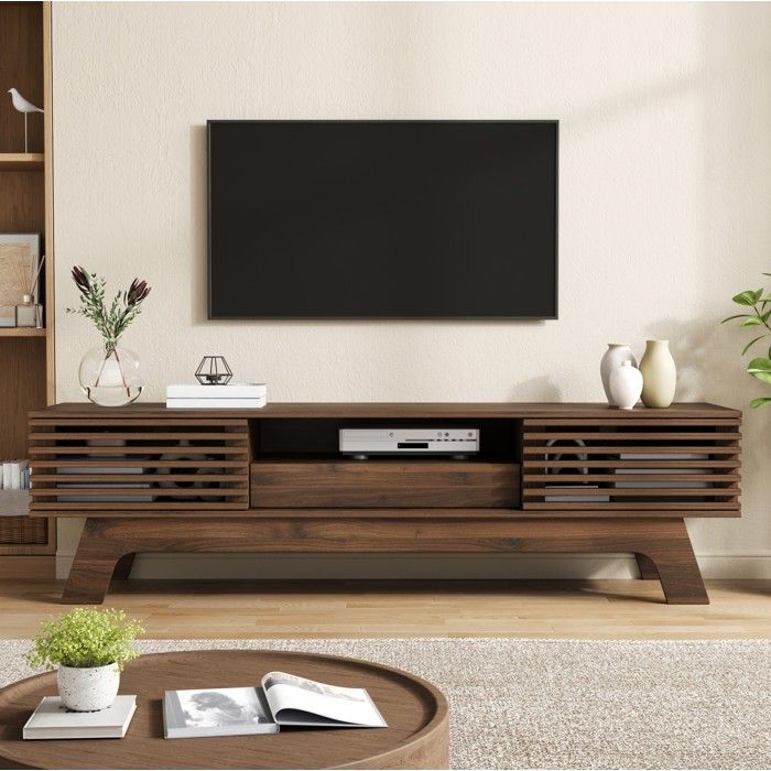 ROVRYN Meuble TV 150 cm MDF Noyer avec portes à lamelles tiroir espace ouvert et passage de câbles