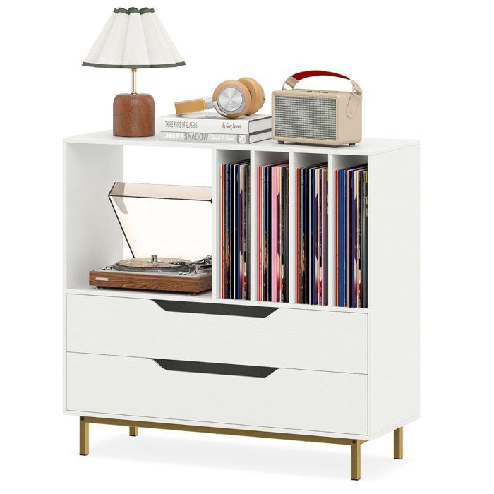 Meuble tourne-disque rangement vinyle 4 compartiments et 2 tiroirs rétro cadre métal blanc pour salon chambre