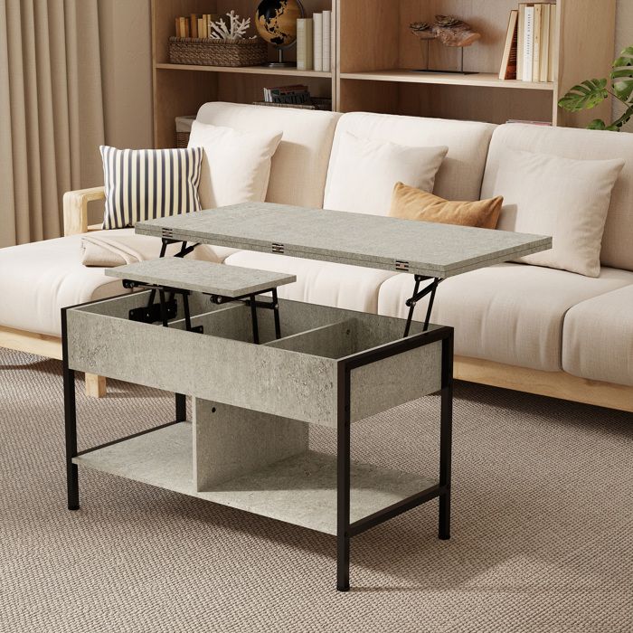 Table basse relevable et extensible table de salon avec compartiment caché étagères ouvertes 98x49x55cm gris