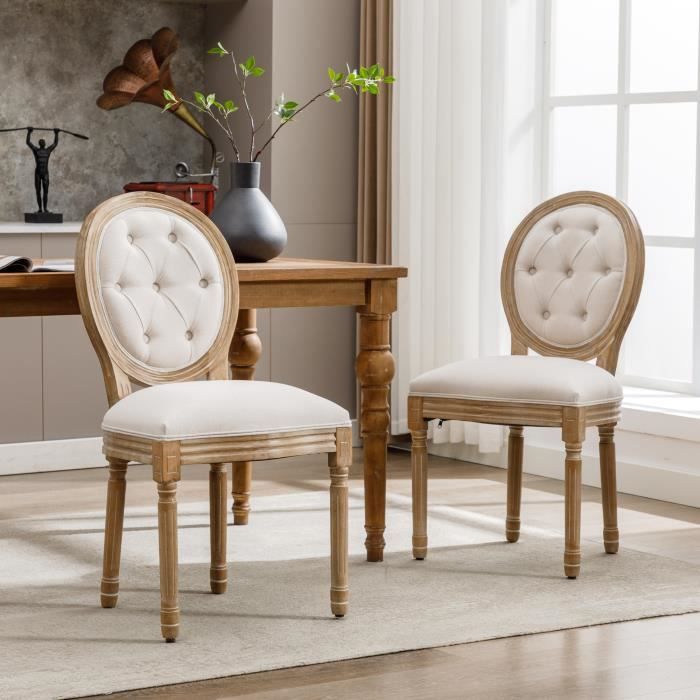 lot de 2 chaises de salle à manger, chaise rembourrée à dossier rond, pieds en bois massif, siège rembourré en lin, crème