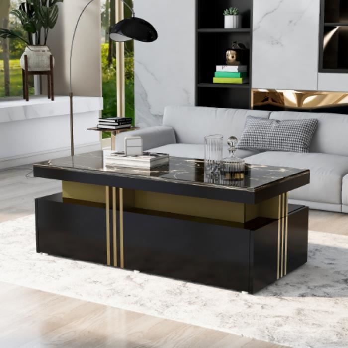 table basse design moderne,table basse rectangulaire avec plateau en pvc et 2 tiroirs en bois,100x50x40cm, coloris noir table de s