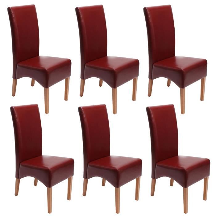 Lot de 6 chaises Latina, salle à manger, cuir reconstitué, rouge/pieds