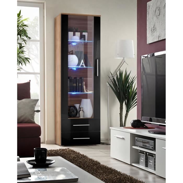 PRICE FACTORY - Vitrine NEO 1 design, coloris prunier et noire brillant + LED. Meuble moderne et tendance pour votre salon.