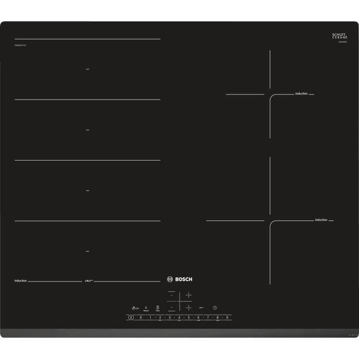 Table cuisson induction BOSCH - 4 zones - L 51 x P 52,2 cm - 7400 W - Revêtement verre - Noir - PXE631FC1E