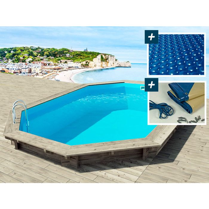 Piscine bois Brazilia 130 5.86 x 3.86 x 1.31 m - Bâche à bulles 180 µ - Bâche hiver 280 g/m²