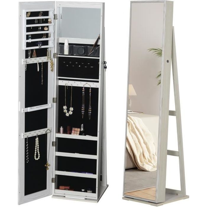 armoire à bijoux avec miroir sur pied homcom - blanc - multi-rangements éclairage led - 38l x 38l x h157 cm