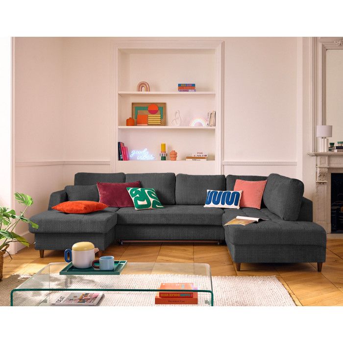 Anna - canapé panoramique dangle droit 7 places convertible avec coffre en velours texturé - Gris Anthracite Anna - canapé panoramique dangle droit 7 places convertible avec coffre en velours texturé - Gris Anthracite
