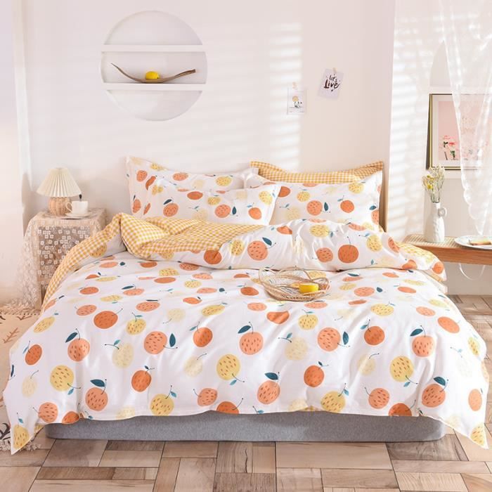 Parure De Lit 2 Personnes 90x190 Cm Jaune Géométrique - Housse Couette Polycoton Avec 2 Taies D'Oreiller