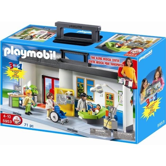 PLAYMOBIL - Hôpital transportable 5953 - 1 hopital - 4 personnages - Mobilier médical - Accessoires