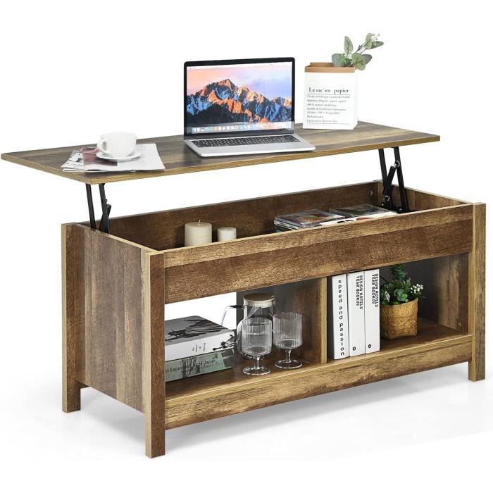 Table basse relevable multifonction avec rangement caché, Blanc pur, structure en MDF