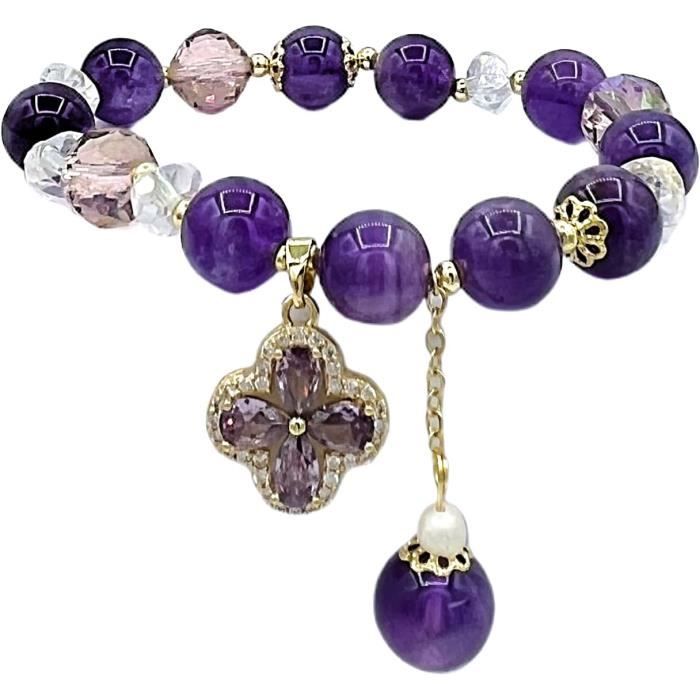Bracelet Ajustable En Améthyste Naturelle Polie - Perles 8mm Qualité AA - Fermoir Dauphin - Pierre Chakra, Violet - Neuf Avec étiquettes