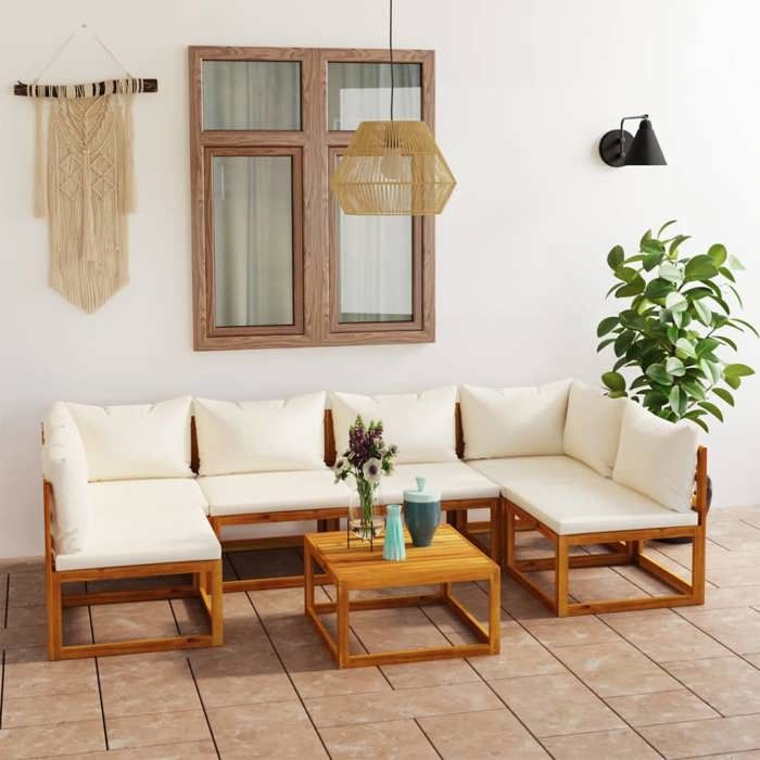 Salon de jardin 7 pcs avec coussins crème bois d'acacia vidaXL - vue 7