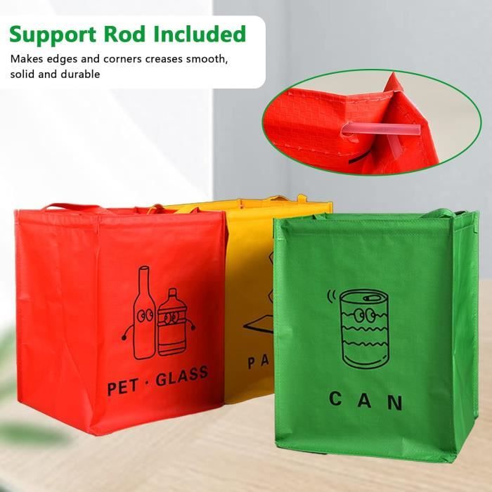 Lot de 3 Sacs de Tri Selectif colorés - Poubelle Tri Selectif 3 Bacs - Bac Tri Selectif Plastique, Papier et Verre [Capacité de poubelle recyclage 174L] (Bleu/Jaune (Version Emballages 2023