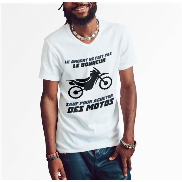 T-shirt Homme Col V Moto Cross - L'argent ne Fait Pas le Bonheur
