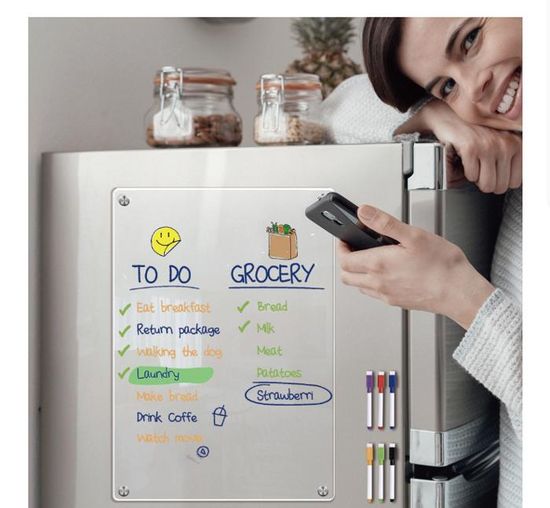 Tableau Magnétique Frigo Transparent A4 - Effaçable à Sec, 4 Marqueurs, Aimants, Pour Liste De Courses, Organisation