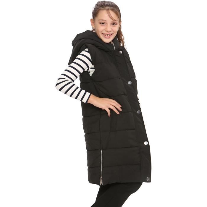 Enfants Filles Vers Le Bas Gilet Oversized Noir Capuche Matelass