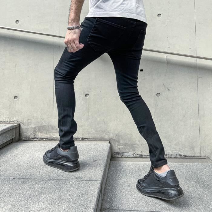 Jean skinny stretch uni noir pour homme Jean slim homme dechire jeunes hommes