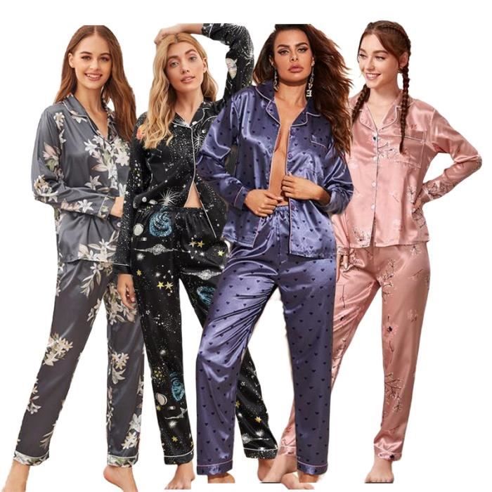 Pyjama en soie femme,Vêtements de nuit pijamas femmes 2 pièces pyjamas  ensemble automne femmes vêtements de nuit à manches longues Purple -  Cdiscount Prêt-à-Porter