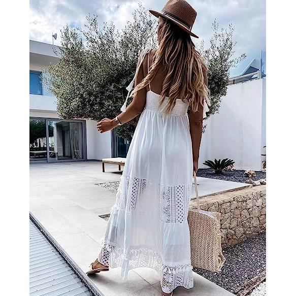 Femme Robe Longue Imprime Maxi Robe Lache Casual Sexy Plage Debardeur sans Manches Col V Robe Dentelle Robe De Plage Cocktail Blanc Blanc Cdiscount Pret a Porter