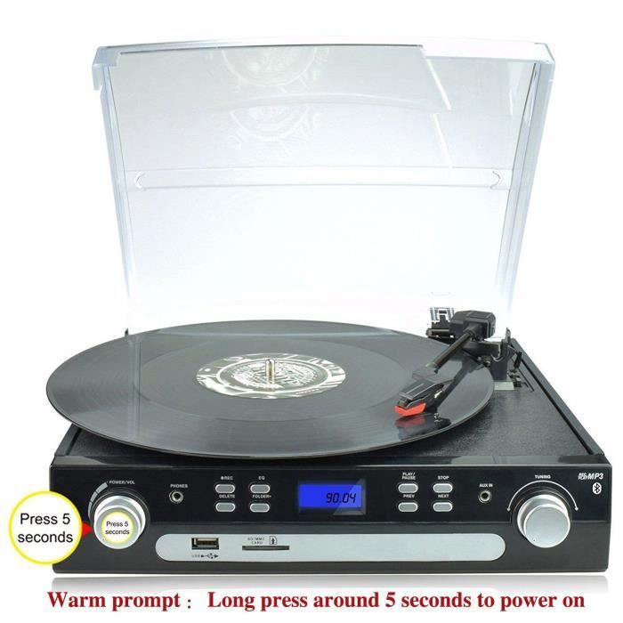 Tourne-Disque Bluetooth DIGITNOW! - Vinyle, CD, Cassette, Radio FM - Encodeur USB/SD - Haut-Parleurs Intégrés