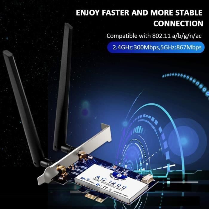 Carte réseau PCI Express 1200Mbp + Carte PCIe WiFi 6 Double Carte LAN  802.11ac 2.4G / 5GHz pour PC de Bureau PCI x1 Bluetooth 5